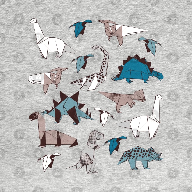 Origami dino friends // print // blue white and beige dinosaurs by SelmaCardoso